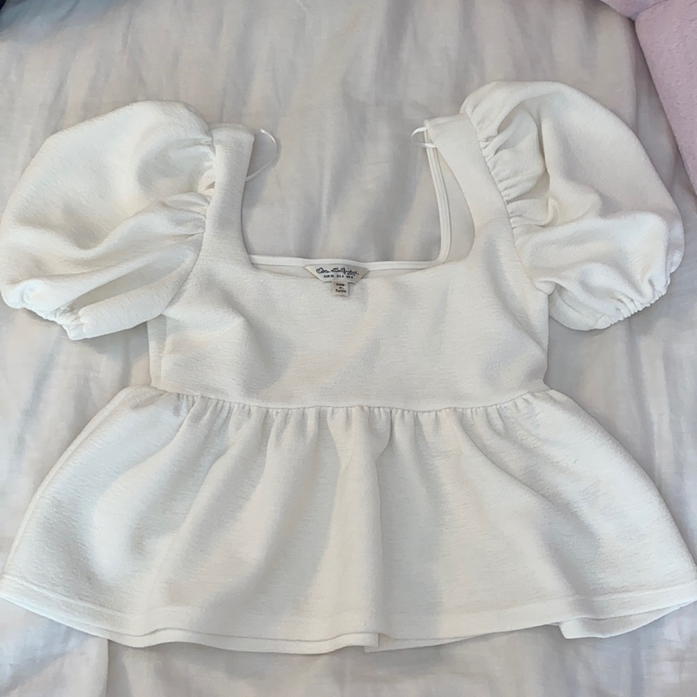 White Puff Sleeve Peplum Top!